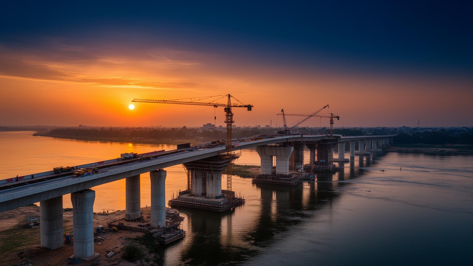 Bridge construction at sunset